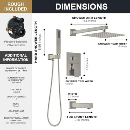 Lava Odoro Modern 3-Setting Square Shower and Tub Faucet Set with Shower Head and Handheld Sprayer Brushed Nickel, Rainfall Shower System with Tub Spout, Shower Valve Trim Kit, SF103-BN-T - color: Brushed Nickel, style: With Tub Spout