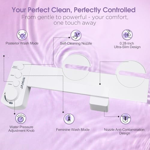 Jamini Ultra-Slim Detachable Bidet Attachment for Toilet – Non-Electric Cold Water, Self-Retraction Dual Nozzles, Step-less Pressure Dial, Dedicated Cleaning Mode, CA65 Certified - style: Signature Dial – Top