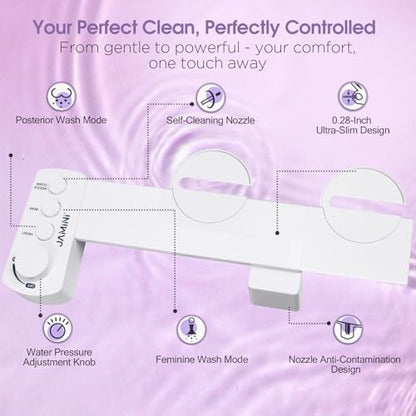 Jamini Ultra-Slim Detachable Bidet Attachment for Toilet – Non-Electric Cold Water, Self-Retraction Dual Nozzles, Step-less Pressure Dial, Dedicated Cleaning Mode, CA65 Certified - style: Signature Dial – Top