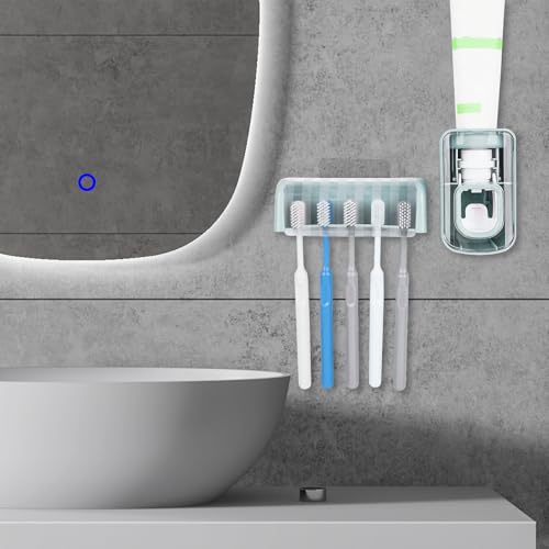5 Slots Wall Mount Toothbrush Holder with Cover, Self Adhesive Toothbrush Storage Organizer for Shower, Toothbrush Hanger with Automatic Toothpaste Squeezer Dispenser (Blue) - color: Blue Combination