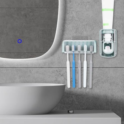 5 Slots Wall Mount Toothbrush Holder with Cover, Self Adhesive Toothbrush Storage Organizer for Shower, Toothbrush Hanger with Automatic Toothpaste Squeezer Dispenser (Blue) - color: Blue Combination