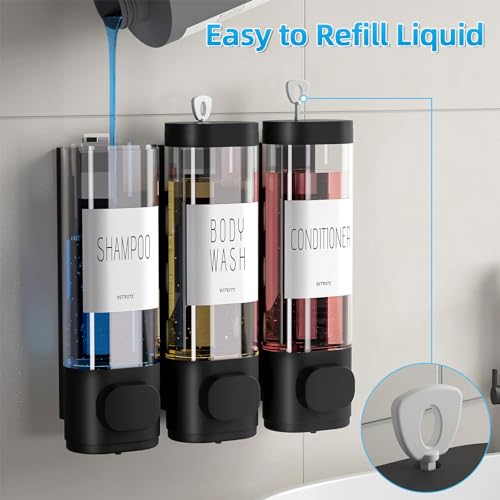 VITVITI Shampoo and Conditioner Dispenser for Shower Wall, Shower Soap Dispenser 3 Chamber No Drill Wall Mounted, 10.2 OZ Plastic Refillable Shower/Body Wash Bottles for Bathroom (Black) - color: Black