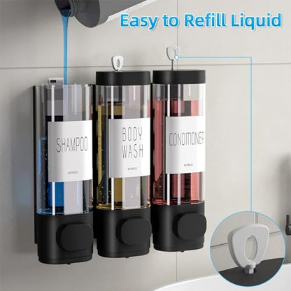 VITVITI Shampoo and Conditioner Dispenser for Shower Wall, Shower Soap Dispenser 3 Chamber No Drill Wall Mounted, 10.2 OZ Plastic Refillable Shower/Body Wash Bottles for Bathroom (Black) - color: Black