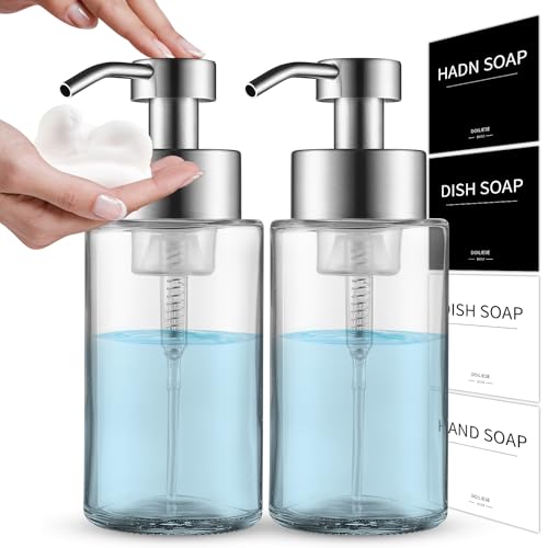 Glass Foaming Hand Soap Dispenser 10 oz Easy Refill 2 Sets | Stainless Steel Pump and Waterproof Labels, Glass Soap Dispenser, Clear Foam Soap Bottle for Bathroom Countertop - color: Brushed Nickel Foam 2pc