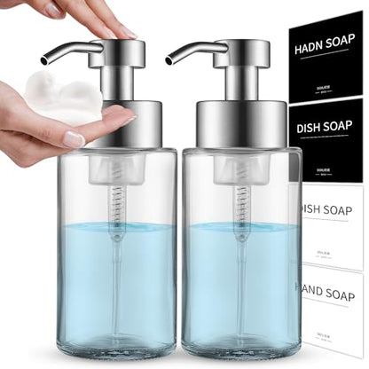 Glass Foaming Hand Soap Dispenser 10 oz Easy Refill 2 Sets | Stainless Steel Pump and Waterproof Labels, Glass Soap Dispenser, Clear Foam Soap Bottle for Bathroom Countertop - color: Brushed Nickel Foam 2pc
