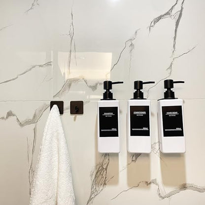 Shampoo and Conditioner Dispenser, No Drill, 16 Waterproof Labels | Shampoo Dispenser for Shower Wall, Shower Soap Dispenser Wall Mounted 3 Chamber, Bathroom, 17oz, White - color: White Bottle + Black Pump