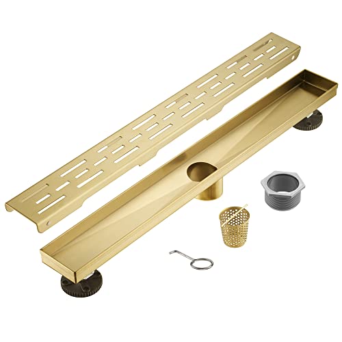 Sharp-tec Linear Shower Drain, 24 inch Shower Drain with Removable Pattern Cover, Brushed Gold 304 Stainless Steel Rectangle Floor Drain, Adjustable Feet and Hair Strainer Included (Model 101) - color: Gold, size: 24 inch