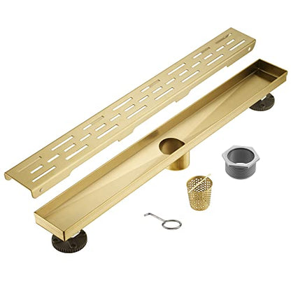 Sharp-tec Linear Shower Drain, 32 inch Shower Drain with Removable Pattern Cover, Brushed Gold 304 Stainless Steel Rectangle Floor Drain, Adjustable Feet and Hair Strainer Included (Model 101) - color: Gold, size: 32 inch