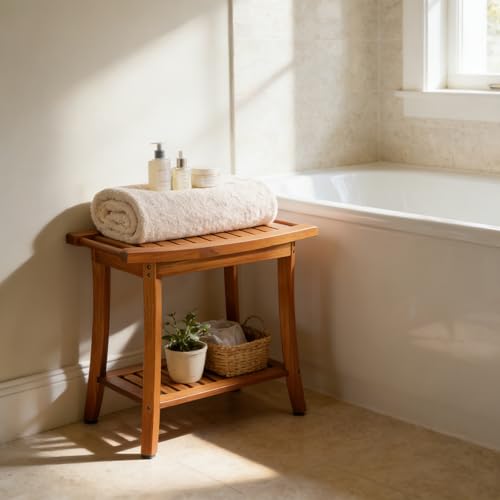 Utoplike Teak Shower Bench Seat with Handles, Bath Chair Stool for Inside | Portable Wood Spa Chair With Towel, Storage Shelf, 22" x 13" x 18.6", for Outdoor Bathroom Use - size: Large