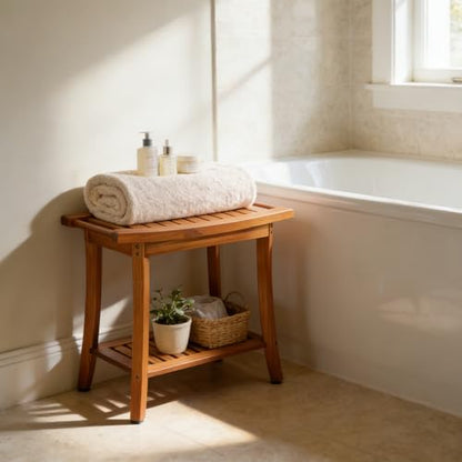Utoplike Teak Shower Bench Seat with Handles, Bath Chair Stool for Inside | Portable Wood Spa Chair With Towel, Storage Shelf, 22" x 13" x 18.6", for Outdoor Bathroom Use - size: Large