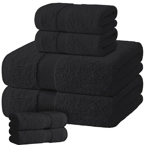Black Bath Towel Set of 6 - 100% Cotton Highly Absorbent Towels for Bathroom, 2 Luxury Bath Towels 650GSM, 2 Hand Towels, 2 Washcloths - color: Black