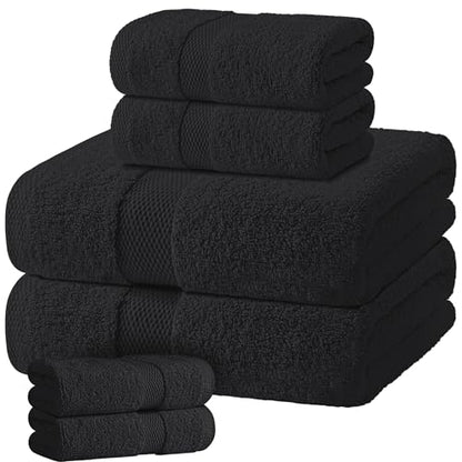 Black Bath Towel Set of 6 - 100% Cotton Highly Absorbent Towels for Bathroom, 2 Luxury Bath Towels 650GSM, 2 Hand Towels, 2 Washcloths - color: Black