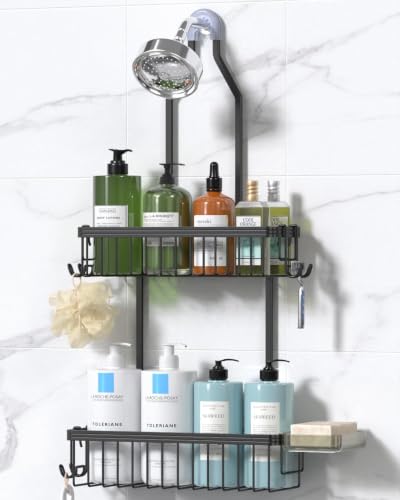 Never Rust Shower Caddy Hanging, Aluminum Shower Racks for Inside Shower, 2-Tier Shower Organizer Hanging Over Shower Head with Hooks and Soap Holder, Black - color: Black