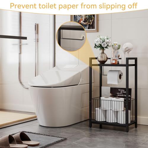 IBUYKE Toilet Paper Holder Stand Bathroom Tissue Roll Dispenser TLJ020B | Freestanding,with Extra Space for Rolls Magazines Wet Wipes, for 7–9 rolls of standard toilet paper,Black - color: Black