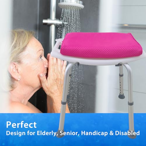 AEROiVi Shower Seat Cushion Non-Slip Silicone Bottom 3D Mesh Washable Pink | Soft Shower Chair Cushion for Benches Quick Drying Washable Mat 3D Mesh Pad with Hook Design Elderly Handicap Disabled - size: Pink