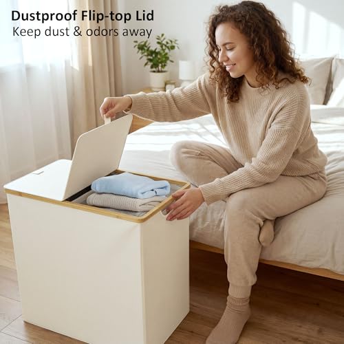 efluky Laundry Hamper with Lid, Double Laundry Basket with 2 Removable Bags, 2 Section Laundry Bin with Bamboo Handles for Bathroom, Bedroom & Laundry Room, 140L (36.9 Gallon) Beige - color: Beige, size: 140L Dual