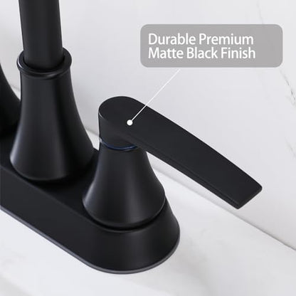 Lead-Free Matte Black Bathroom Sink Faucet, 2 Handle 4 Inch Centerset Faucet, Modern 360° Swivel High-Arc Spout Bath Lavatory Vanity Faucets for Sinks with Drain & Water Hoses, VALZST049B - color: Matte Black