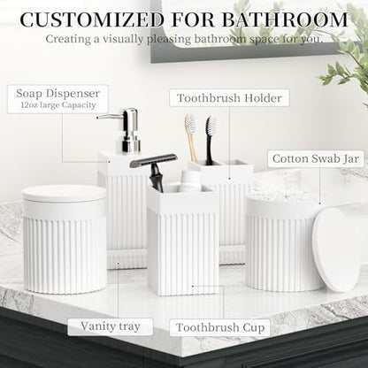 6-Piece White Bathroom Set - Modern Resin Bathroom Accessories Set with Soap Dispenser, Toothbrush Holder, Vanity Tray, Tumbler & Apothecary Jars for Small Spaces - color: White