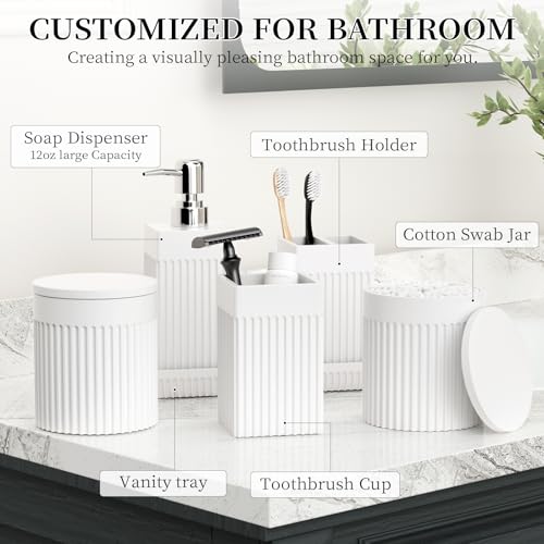 6-Piece White Bathroom Set - Modern Resin Bathroom Accessories Set with Soap Dispenser, Toothbrush Holder, Vanity Tray, Tumbler & Apothecary Jars for Small Spaces - color: White
