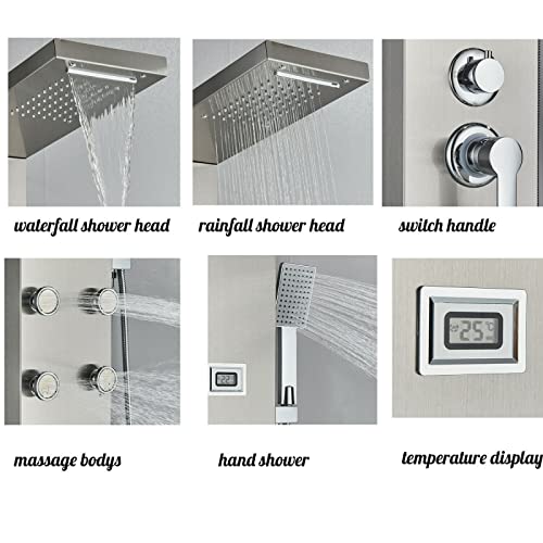 LED Light Shower Panel Tower Rainfall Waterfall Shower Head with Massager Jets Body System Jet Black B (Color : Brushed Nickel E) - color: Brushed Nickel E