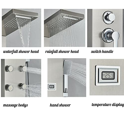 LED Light Shower Panel Tower Rainfall Waterfall Shower Head with Massager Jets Body System Jet Black B (Color : Brushed Nickel E) - color: Brushed Nickel E
