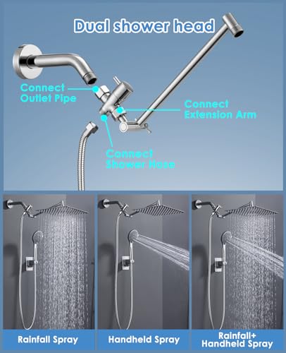 Rain Shower Head with Handheld, 10" Dual Shower Combo, Chrome | 304 stainless steel rainfall head, adjustable extension arm, 5 spray modes, anti-clog nozzles, easy bathroom upgrade