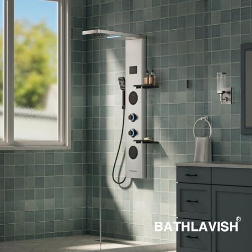5 in 1 Brushed Nickel Rainfall Shower Panel Tower System With Storage Shelf | Stainless Steel Shower Tower with Rainfall Shower Handheld and Tub Spout Powerful Body Jets Shower Panel Set by BATHLAVISH - color: Brushed Nickel