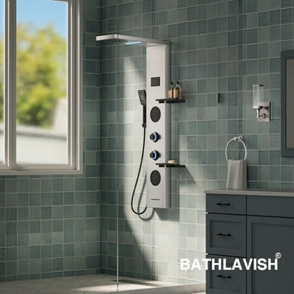 5 in 1 Brushed Nickel Rainfall Shower Panel Tower System With Storage Shelf | Stainless Steel Shower Tower with Rainfall Shower Handheld and Tub Spout Powerful Body Jets Shower Panel Set by BATHLAVISH - color: Brushed Nickel