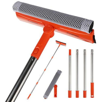 2-in-1 Window Squeegee with 62" Pole — Streak-Free & Sponge Scrubber | No ladder for high windows, skylights, shower doors, car & RV windshields, tile. Orange. Stainless pole sponge scrubber.