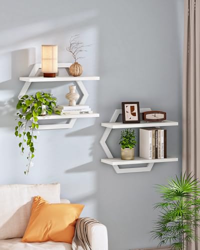Hexagon Floating Shelves for Wall, Set of 2, 2 -Tier Hanging Shelves, Wall Mounted Storage Shelves, for Living Room, Bedroom, Kitchen, Home Office, Study, White TBJ06P2WB - color: White