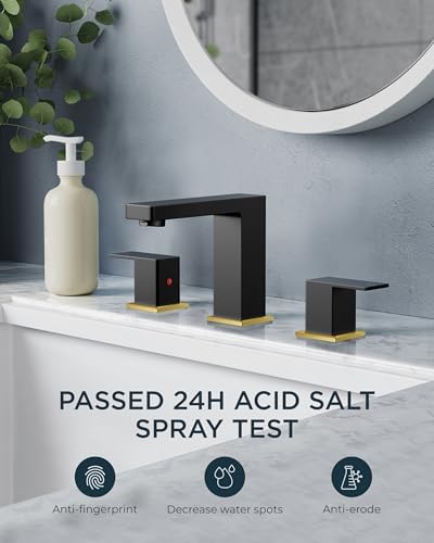 FORIOUS Widespread Black and Gold Bathroom Faucet Square, 8 in Black Faucet | CUPC 8 Inch Gold and Black Bathroom Faucet 3 Hole, Two Handle Matte Black Faucet for Bathroom Sink 3 Hole with Drain, Aerator - color: Black&Gold, style: Modern