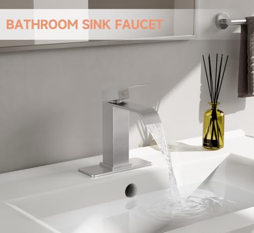 Brushed Nickel Bathroom Faucets Evolvegoods Modern Waterfall Faucet | Single Handle 1 or 3 Hole Bathroom Sink Faucet RV Mixer Tap Vanity Faucet with Deck Plate Pop-up Drain and Supply Lines - color: Brushed Nickel