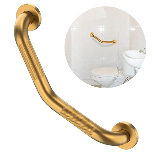 16 Inch Angled Grab Bar, ZUEXT Anti Slip Shower Grab Bar Handles, Brushed Gold Stainless Steel Knurled Bathroom Balance Bar, Safety Hand Rail Support for Handicap Elderly Injury Senior - color: Gold, size: 16 Inch - 1 Pack