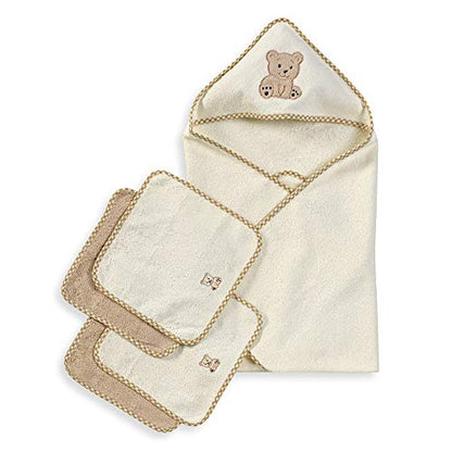 Spasilk 5-Piece Soft Terry Hooded Bath Towel and Washcloth Set, 1 Baby Towel and 4 Baby Washcloths for Newborn Boys and Girls, Brown Bear