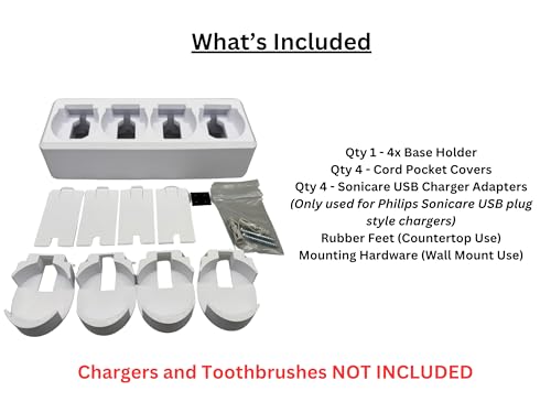 4 Slot Family Electric Toothbrush Charger Holder and Bathroom Organizer, for Select OralB and Philips Sonicare Tooth Brush Chargers (See Compatability Image), Countertop Stand or Wall-Mounted, White - size: 4 Openings