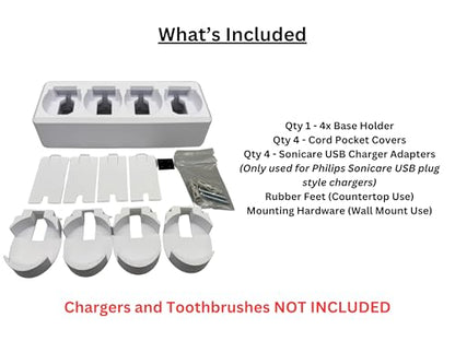 4 Slot Family Electric Toothbrush Charger Holder and Bathroom Organizer, for Select OralB and Philips Sonicare Tooth Brush Chargers (See Compatability Image), Countertop Stand or Wall-Mounted, White - size: 4 Openings