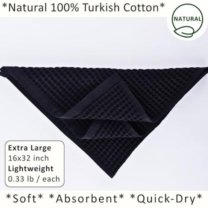 PÜSKÜL Natural 100% Turkish Cotton Waffle Kitchen and Hand Towels, 3-Piece | Black, 32x16" Large, Premium 3D Honeycomb Weave Soft Absorbent Quick-Dry Lint-Free Dish Towel, Oeko-Tex Made in Turkey - color: Black, size: Kitchen & Hand Towels Pack of 3