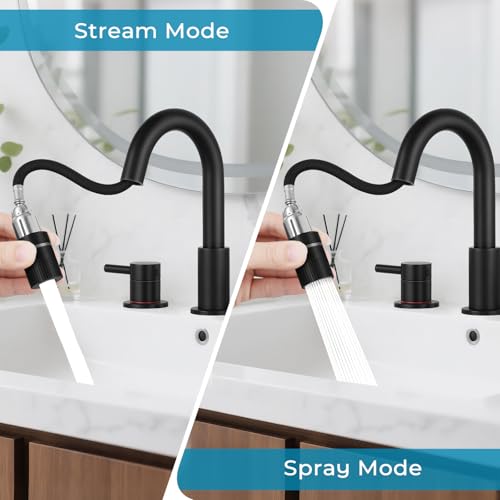 8 Inch Pull Down Bathroom Faucet 3 Hole,Black Bathroom Sink Faucet | Stainless Steel,Pull Down Sprayer,3 hole Widespread,with Pop-up Drain,Water Supply Hoses,Two Water Flow Modes, Black - color: A-Matte Black