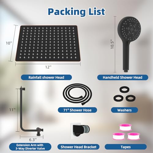 12" Metal Rainfall Shower Head with 10-Mode Handheld, Oil Rubbed Bronze | NSF/ANSI/CAN 372 Certified, High Pressure Showerhead Combo with 11" Adjustable Shower Arm, 71" Hose, Shower Head Holder - color: Oil Rubbed Bronze, style: Square 12"