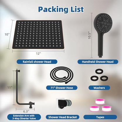 12" Metal Rainfall Shower Head with 10-Mode Handheld, Oil Rubbed Bronze | NSF/ANSI/CAN 372 Certified, High Pressure Showerhead Combo with 11" Adjustable Shower Arm, 71" Hose, Shower Head Holder - color: Oil Rubbed Bronze, style: Square 12"