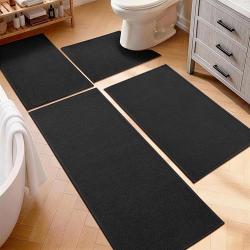 Black Bathroom Rugs Sets 4 Piece, Quick Dry Thin Bath Mat with Toilet Rug, Non Slip Absorbent Machine Washable, Bath Runner Rugs for Bathtub Sink Home Decor - color: Black, size: 4 pieces