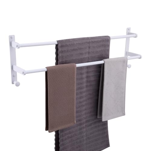 White Double Towel Bar with Hooks, 30 Inch Wall Mounted Long Towel Rack - Stainless Steel Bathroom Towel Holder - color: White, size: 30-Inch