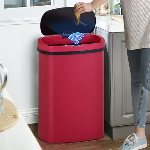 Dkeli 13 Gallon Trash Can Automatic Kitchen Trash Can 50 Liter Touch Free Garbage Can with Lid Brushed Waste Bin for Home Office Bedroom Bathroom, Red - color: Red, size: 15 x 10 x 24 inches