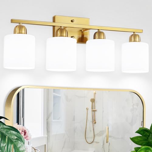 4 Light Gold Light Fixture Bathroom, Brushed Gold Vanity Light with Milky White Frosted Glass Shades, Lights for Bathroom Mirror for Living Room Bedroom Hallway E26 Base - color: Gold & Milky White Glass, size: 4-Light