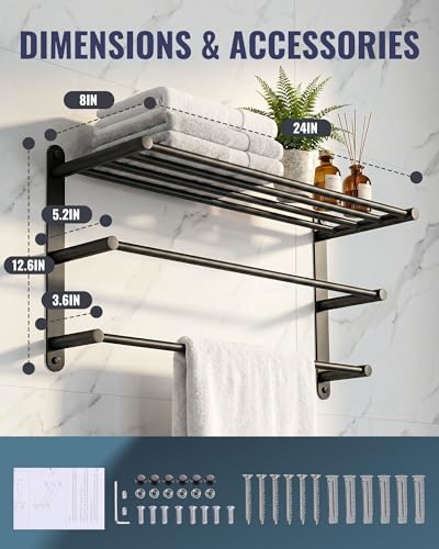 24 Inch Towel Racks for Bathroom: Matte Black Bathroom Towel Rack with Double Towel Bar Wall Mounted - SUS304 Stainless Steel Bath Towel Bar with Shelf for Hotel Lavatory - color: Matte Black