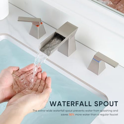 Brushed Nickel Waterfall Bathroom Faucet for 3-Hole Sinks 8 Inch Widespread Vanity Faucet with Modern Trapezoid Design, Two Handles, Pop-Up Drain & Hoses - color: C - Brushed Nickel