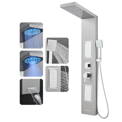 ROVOGO LED Shower Panel Tower System With Lights, 5 Shower Modes, Brushed | Rainfall Mist Shower Head, Large Body Jets, Handheld, Tub Spout, Stainless Steel Shower Column, Brass Mixing Valves, 50 Inch - style: 50" Brushed