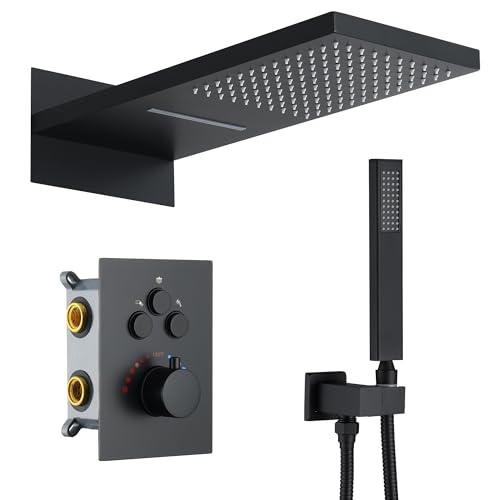 Thermostatic Shower System, Waterfall Shower Head(Matte Black) | 22-Inch Rain & Waterfall Large Shower Head, High Pressure Handheld Sprayer, 3 Modes Push Button Valve - color: Matte Black