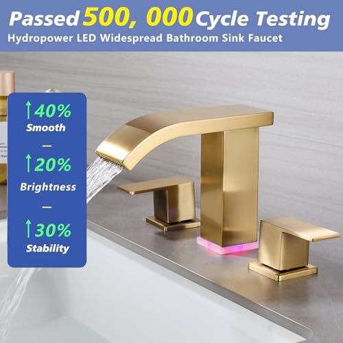 LED Light Widespread Bathroom Faucets for Sink 3 Hole Waterfall Brushed Gold-Bathroom Faucet with Pop-up Drain Assembly, 8 Inch Bathroom Sink Faucet 2-Handles,Modern Lavatory Vanity Faucet - color: Brushed Gold