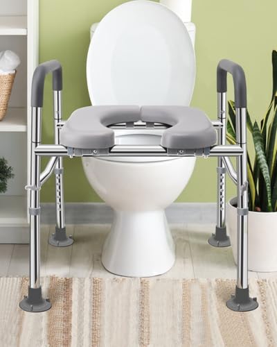 Toilet Seat Riser with Handles 500lb, Stainless Steel Raised Toilet Seat, Adjustable Height & Width, Handicap Raised Toilet Chair for Seniors, Fit Any Toilet